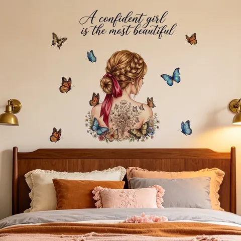 Meisje Roze Jurk Bloemenboog Muursticker PVC Dromerige Vlinder Aquarel DIY Verwijderbaar Decoratie Voor Slaapkamer