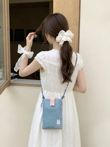 Denim Embroidery Crossbody Bag Women Japanese Zakka Style Mobile Phone Bag Colorful Beaded Strap Plaid Flap Casual Bag
