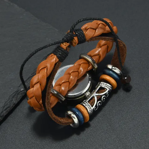 Vintage Leder Armbanduhr Für Damen Herren Geflochtenes Armband Quarzuhr Mit Römischen Ziffern Holzperlen Punk Armbanduhr