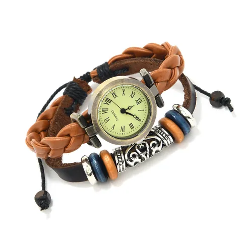 Vintage Leder Armbanduhr Für Damen Herren Geflochtenes Armband Quarzuhr Mit Römischen Ziffern Holzperlen Punk Armbanduhr