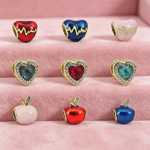 Stainless Steel DIY Heart Apple Enamel Charms Gold Plated Heartbeat Rhinestone Pendant For Bracelet Necklace Women Jewelry