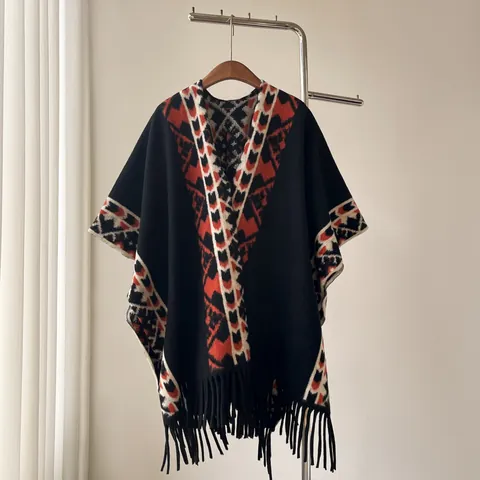 Vintage Ethnic Geometric Jacquard Tassel Poncho Shawl For Women Warm Cashmere Like Polyester Open Front Wrap Autumn Winter
