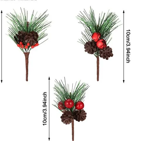Artificial Christmas Pine Needle Branch With Red Berries And Natural Wood Pine Cone For Holiday Crafts Decoration Green