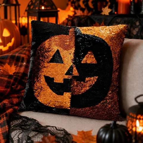 Almohada Creativa De Calabaza Con Lentejuelas Reversibles De Halloween Cojín Jack-O-Lantern Decorativo Para Fiesta Hogar