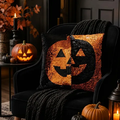 Almohada Creativa De Calabaza Con Lentejuelas Reversibles De Halloween Cojín Jack-O-Lantern Decorativo Para Fiesta Hogar