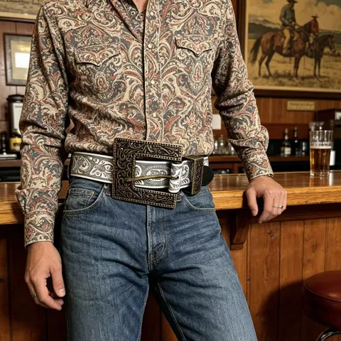 Vintage Western Gürtel Mit Großer Geprägter Metallschnalle Blumendruck PU Leder Gürtel Boho Dekorativer Gürtel Für Damen Herren