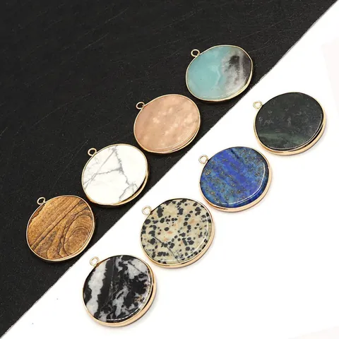 Round Natural Stone Pendant Gold Plated Alloy Edge Charm For DIY Jewelry Making White Turquoise Lapis Lazuli Accessories Gift