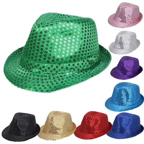 Glitter Sequin Fedora Hat For Adults Unisex Shiny Stage Performance Hat Metallic Jazz Hat Party Props Dance Costume Accessory