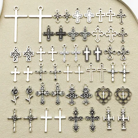 Vintage Antique Silver Zinc Alloy Cross Heart Rose Hollow Pendants Charms For DIY Jewelry Making Bracelet Necklace Accessory