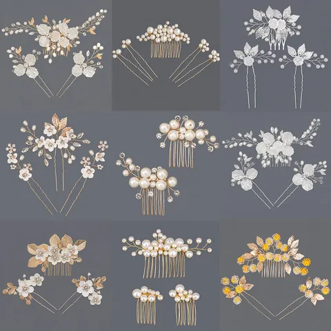 Handmade Bridal Wedding Hair Comb And Hair Pins Alloy Artificial Pearl Rhinestone Flower Vine Headpiece For Women Jewelry