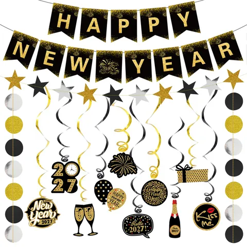 2026 Happy New Year Decorations Black Gold Fireworks Banner Star Circle Garland Hanging Swirls For New Year Eve Party