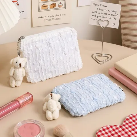 Neceser De Maquillaje Chiffon Felpa Bolsa De Aseo Colgante De Oso Cierre De Cremallera Organizador Portátil Para Mujeres