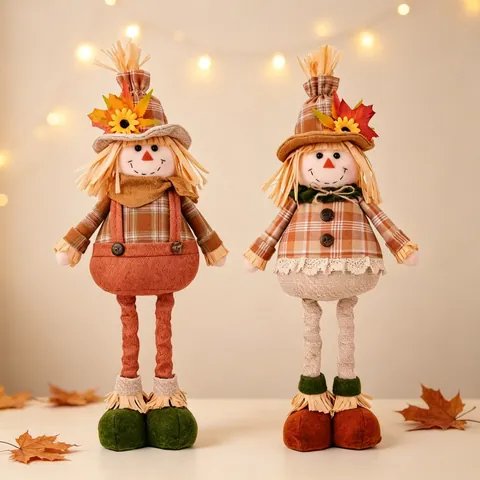 Thanksgiving Scarecrow Doll Decoration Retractable Autumn Gnome Harvest Home Party Ornament Sunflower Plaid Fabric Craft