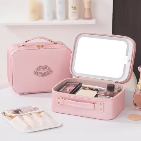 Portable PU Leather Cosmetic Case With LED Mirror Large Capacity Travel Makeup Bag Rhinestone Lip Decor Organizer