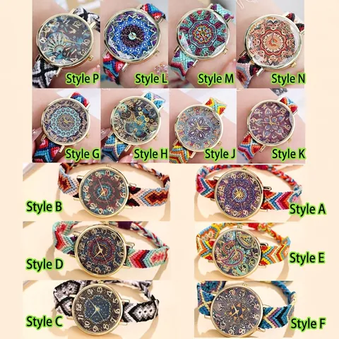 Boheems Geweven Band Horloge Voor Dames Etnische Mandala Patroon Wijzerplaat Verstelbare Handgemaakte Katoenen Touw Quartz Polshorloge Vintage