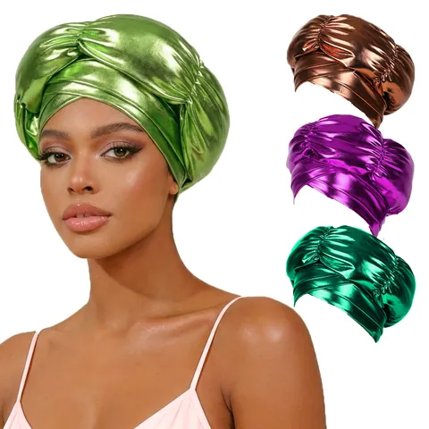 Women Metallic Turban Hat Shining Pleated Cross Headwrap Ethnic African Style Polyester Bonnet For Party Daily Dressing
