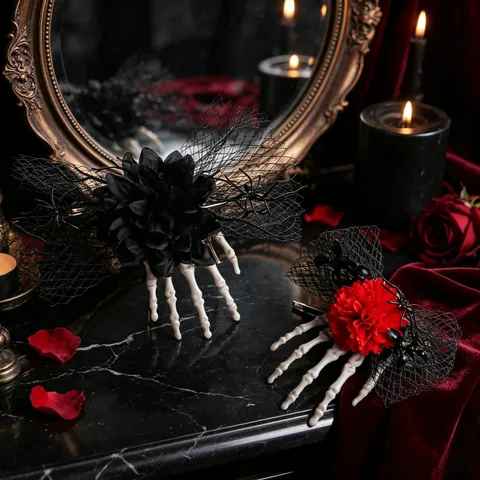 Halloween Skeleton Hand Hair Clip Gothic Ghost Claw Hairpin With Satin Flower Mesh Veil Spider For Party Costume Accessory Women