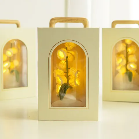 Handmade Crochet Lily Of The Valley Night Light Glass Dome Wood Base USB Battery Dual Power Floral Decoration Gift Box