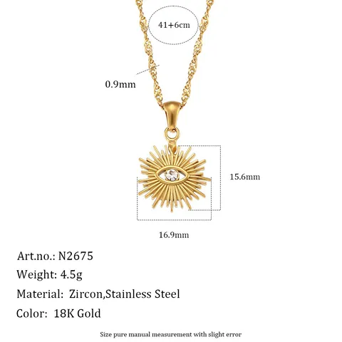 Stainless Steel Evil Eye Pendant Necklace With Water Wave Chain Rhinestone Inlaid Sunburst Radiant Jewelry For Women