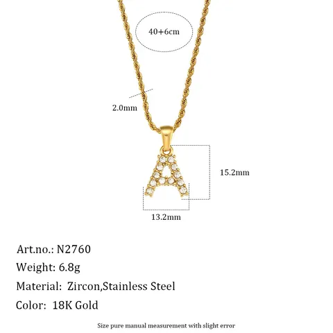 Initial Letter Pendant Necklace Stainless Steel Pavé Rhinestones Gold Plated Twist Rope Chain Alphabet Fashion Jewelry Women
