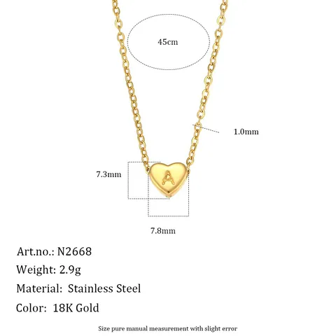 Heart Initial Letter Pendant Necklace Stainless Steel 18K Gold Plated Vacuum Polished Fashion Jewelry For Women