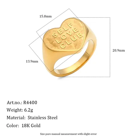 Heart Signet Ring Stainless Steel Gold Plated Self Love Club Letter Engraved Fashion Jewelry For Women