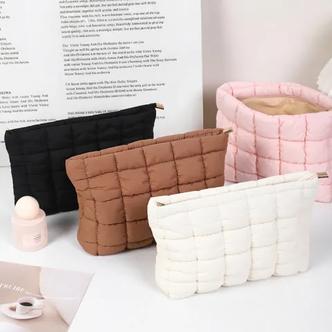 Fashion Quilted Makeup Bag Women Puffer Nylon Cosmetic Pouch Solid Color Travel Storage Organizer Handheld Clutch Bag