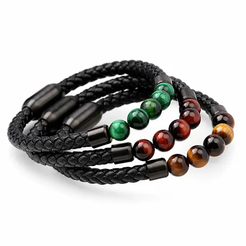 Bracciale in Pelle Intrecciata Vintage da Uomo Con Pietre Occhio di Tigre Naturali Chiusura Magnetica Gioielli Artigianali Regalo