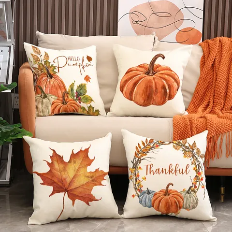 Thanksgiving Autumn Pillowcase Linen Blend Pumpkin Maple Leaf Watercolor Print Decorative Cushion Cover For Sofa Living Room Home Decor