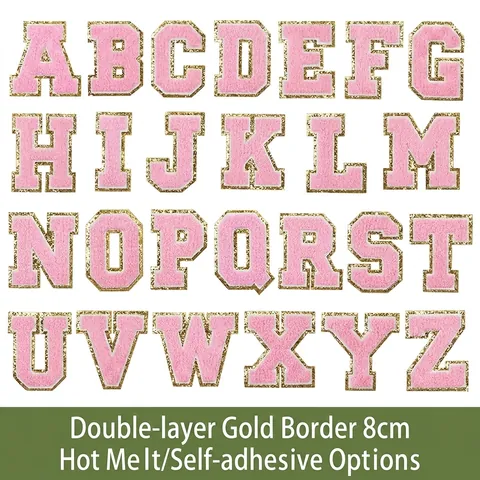 Chenille Embroidery Letter Patches Gold Glitter Border Alphabet Heat Seal Self Adhesive Patch For Clothing Bag Hat DIY Decoration Varsity Style