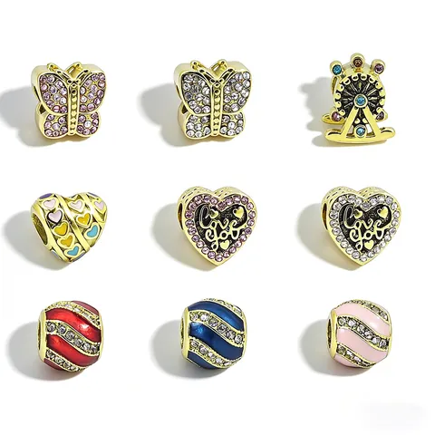 Stainless Steel Enamel Drip Oil Large Hole Beads Rhinestone Heart Butterfly Charm For DIY Jewelry Making Bracelet Components