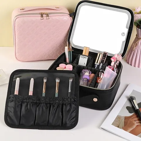 Large Capacity Makeup Bag With LED Mirror PU Leather Waterproof Portable Cosmetic Case Adjustable Dividers For Travel