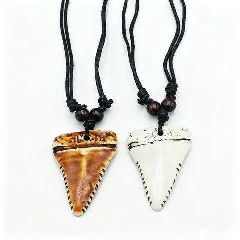Faux Bone Carved Shark Tooth Pendant Necklace Adjustable Braided Rope Cord Wood Beads Tribal Nautical Surfer Men Jewelry