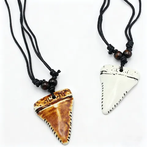Faux Bone Carved Shark Tooth Pendant Necklace Adjustable Braided Rope Cord Wood Beads Tribal Nautical Surfer Men Jewelry