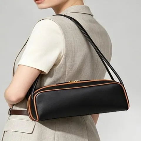 Bolso de Axila de Cuero de PU Minimalista Color de Contraste Bolso de Hombro para Mujer Retro Bolso Baguette de Moda Diario