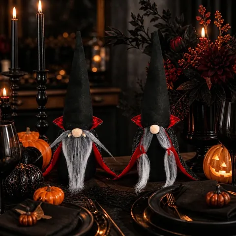 Décoration en Peluche de Gnome Vampire d'Halloween Poupée sans Visage Avec Chapeau Pointu Noir Cape Rouge Crocs d'Araignée Ornement pour Maison Fête