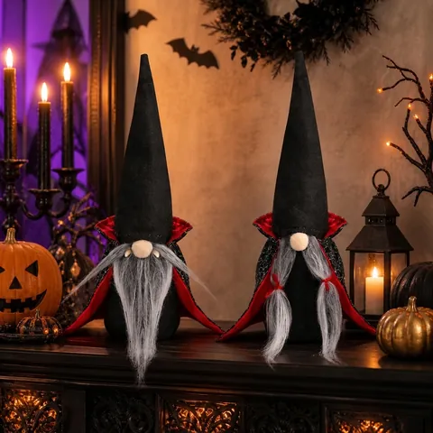 Décoration en Peluche de Gnome Vampire d'Halloween Poupée sans Visage Avec Chapeau Pointu Noir Cape Rouge Crocs d'Araignée Ornement pour Maison Fête