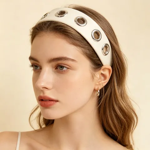 Women PU Leather Wide Headband With Metal Eyelets Fashion Nonslip Hair Band Simple Hollow Circle Headwear Accessory
