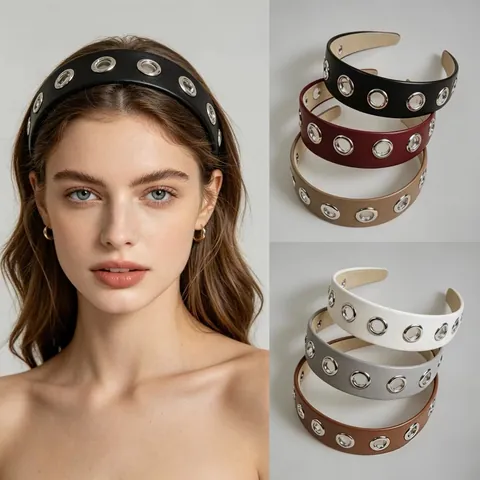 Women PU Leather Wide Headband With Metal Eyelets Fashion Nonslip Hair Band Simple Hollow Circle Headwear Accessory