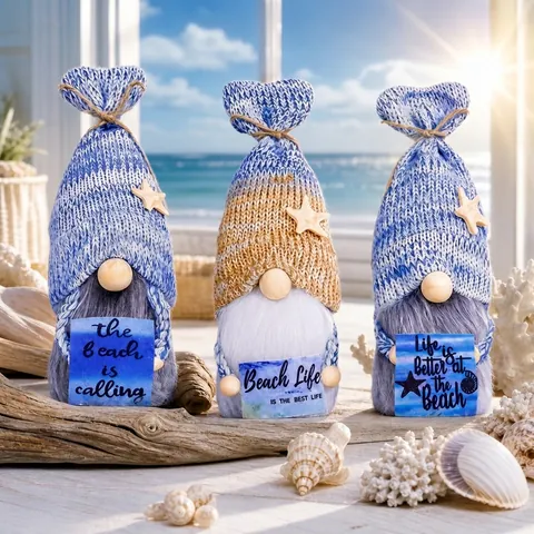 Summer Beach Theme Knitted Gnome Decoration Ocean Festival Faceless Dwarf Doll With Starfish Blue White Home Desktop Ornament