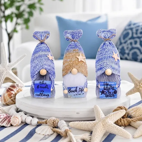 Summer Beach Theme Knitted Gnome Decoration Ocean Festival Faceless Dwarf Doll With Starfish Blue White Home Desktop Ornament