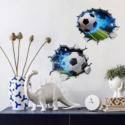 3D Fußball Wanddurchbruch Wandtattoo Blaue Flamme Sportlich PVC Selbstklebende Tapete Für Wohnzimmer Schlafzimmer Kinderzimmer Dekoration