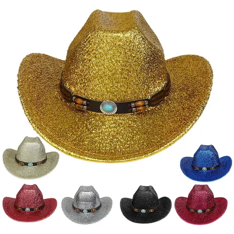 Cappello da Cowboy Western con Paillettes per Donna Uomo Scintillante Glitter Fedora Cappello da Festa con Decoro in Legno