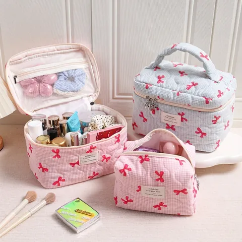 Neceser De Maquillaje Acolchado Gran Capacidad Organizador De Viaje Estampado De Cuadros Bolsa De Cubo Bolsa Almohada