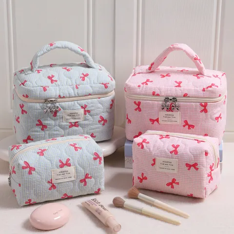Neceser De Maquillaje Acolchado Gran Capacidad Organizador De Viaje Estampado De Cuadros Bolsa De Cubo Bolsa Almohada