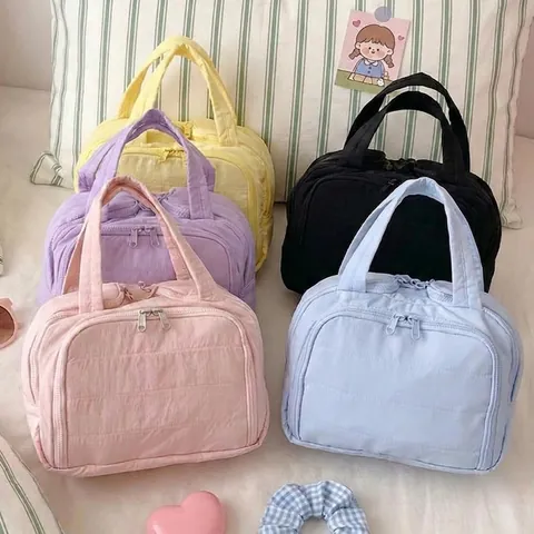 Quilted Makeup Bag Soft Cotton Portable Travel Organizer Large Capacity Macaron Color Pouch Handheld Beauty Case For Women