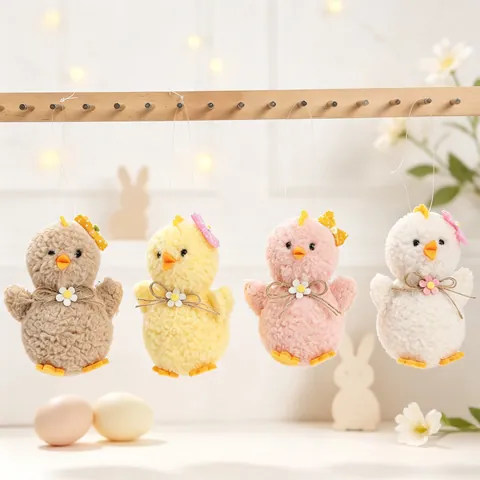 Pendaglio Pulcino in Peluche di Lana di Agnello per Pasqua Decorazione per Feste in Casa Ornamento da Appendere con Fiocco in Juta Fiore Regalo di Pasqua
