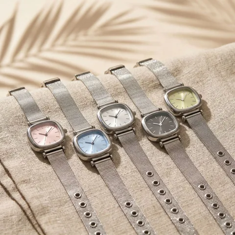 Fashion Women Quartz Watch Square Alloy Case Stainless Steel Mesh Band Sunray Dial Minimalist Square Wristwatch For Ladies