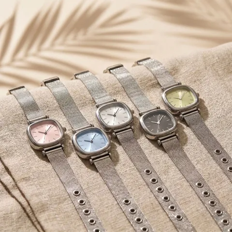Fashion Women Quartz Watch Square Alloy Case Stainless Steel Mesh Band Sunray Dial Minimalist Square Wristwatch For Ladies