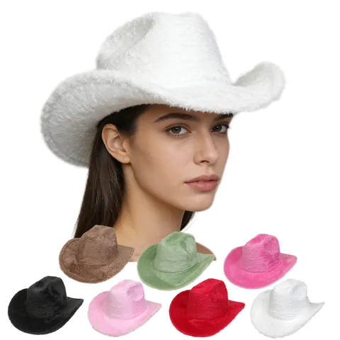 Unisex Plush Western Cowboy Hat Solid Color Fuzzy Wide Brim Fedora Party Costume Winter Warm Cap